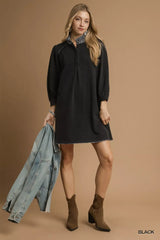 Umgee French Terry Balloon Sleeve Shift Dress with Leopard Print Detail - Trendsi - Flyclothing LLC