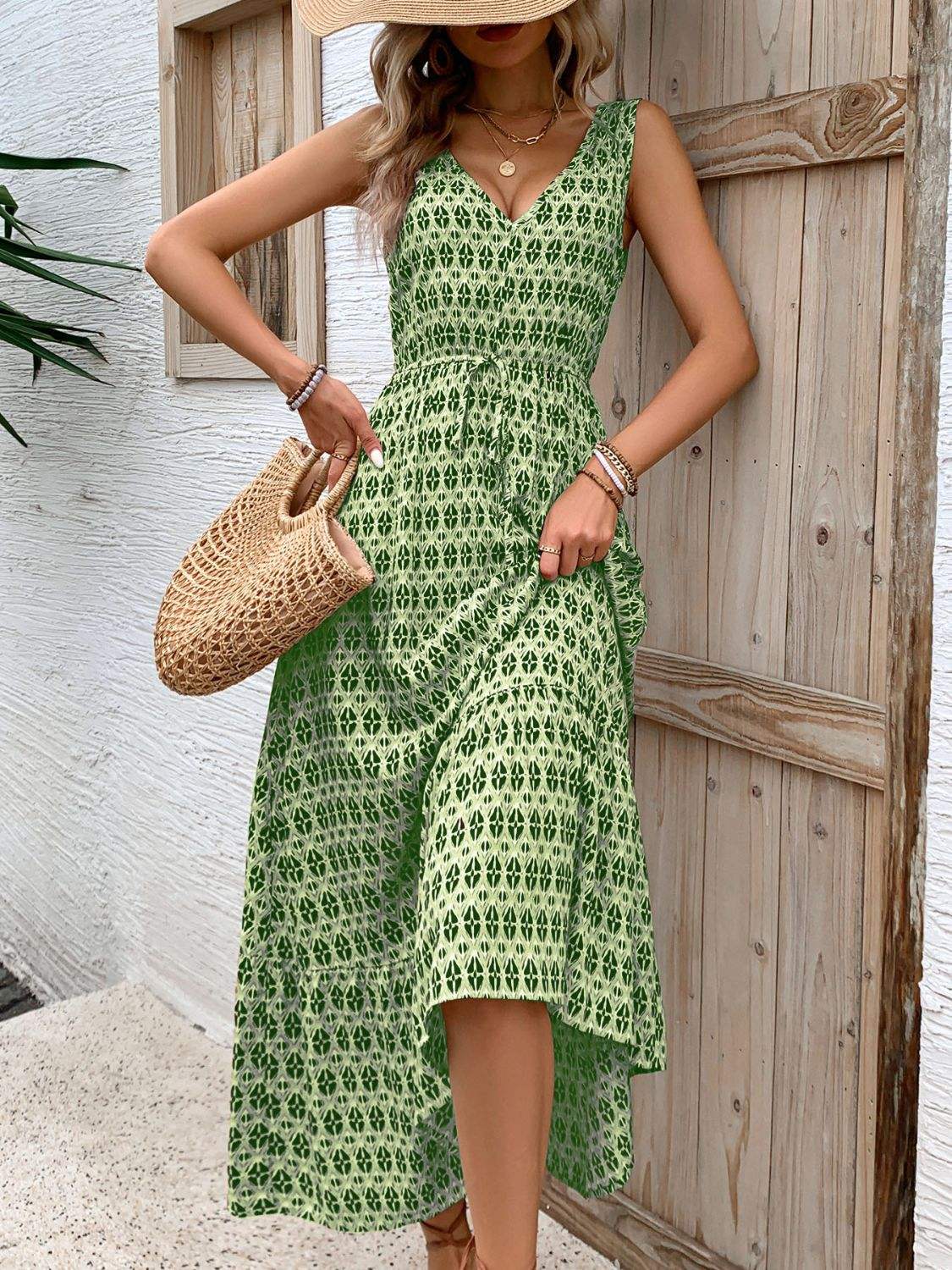 Printed V-Neck Tie Waist Midi Dress - Trendsi - Flyclothing LLC