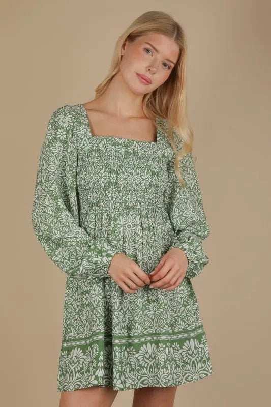 VERY J Printed Smocked Chest Boho Mini Dress - Trendsi - Flyclothing LLC