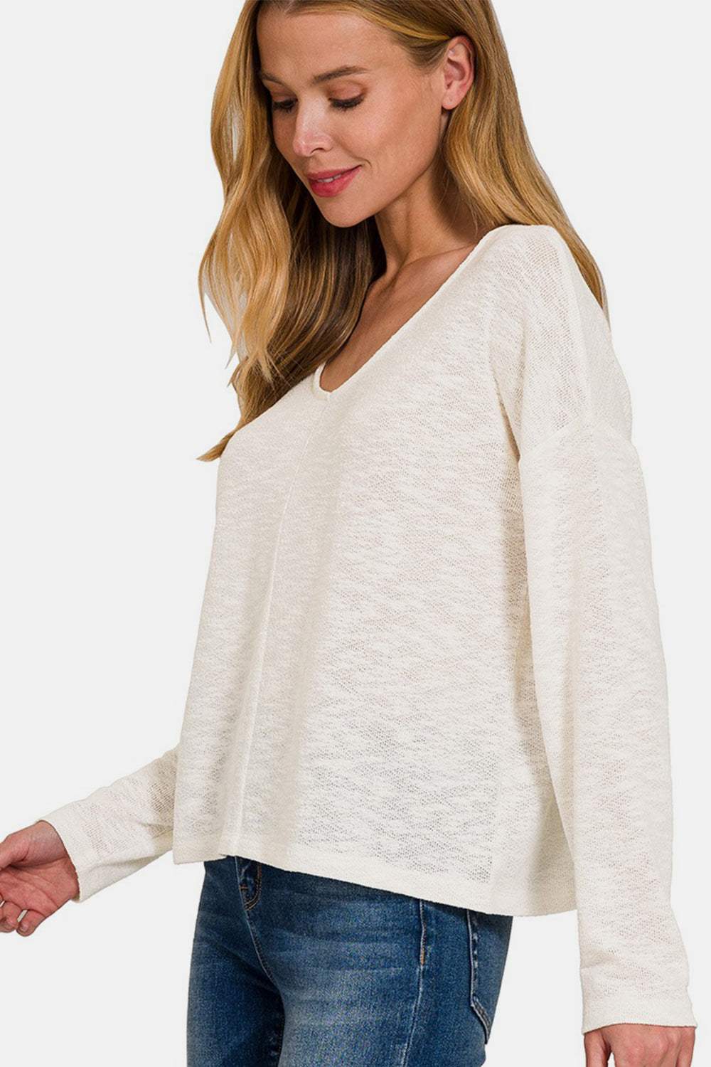 Zenana V-Neck Dropped Shoulder Long Sleeve T-Shirt - Trendsi - Flyclothing LLC