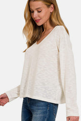 Zenana V-Neck Dropped Shoulder Long Sleeve T-Shirt - Trendsi - Flyclothing LLC