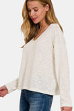 Zenana V-Neck Dropped Shoulder Long Sleeve T-Shirt - Trendsi - Flyclothing LLC