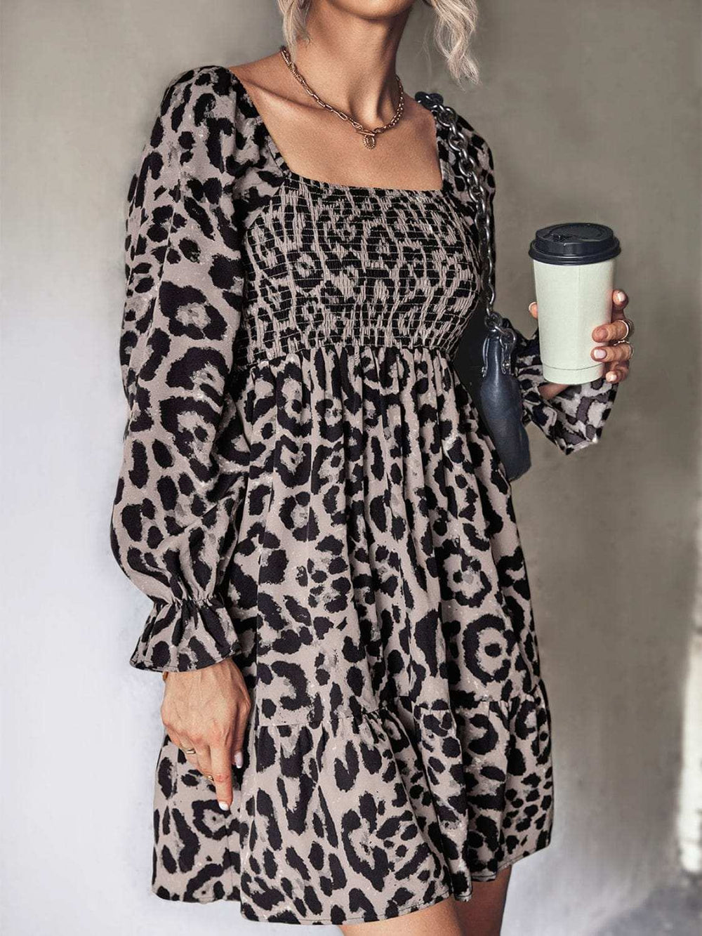 Leopard Smocked Flounce Sleeve Mini Dress - Trendsi - Flyclothing LLC