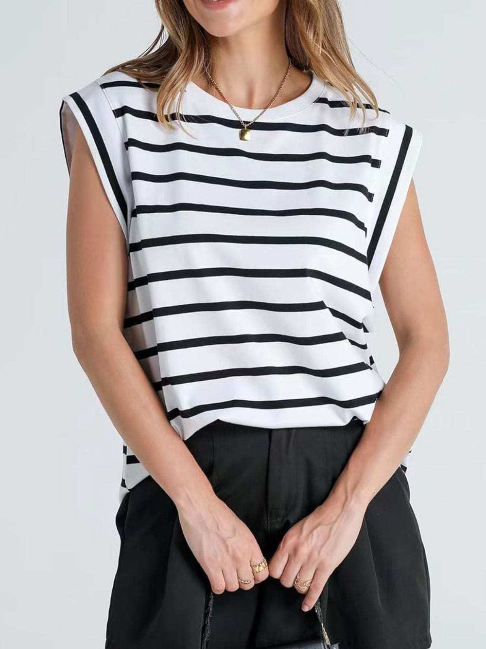Florira Striped Round Neck Cap Sleeve T-Shirt - Trendsi - Flyclothing LLC