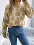 Halloween Ghost Pattern Checkered Round Neck Sweater - Trendsi - Flyclothing LLC