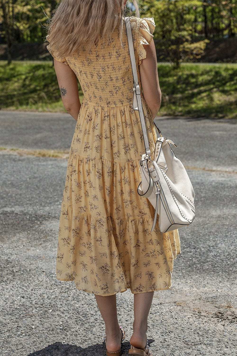 Floral Print Ruffle Cap Sleeve Smocked Flowy Dress - Trendsi - Flyclothing LLC