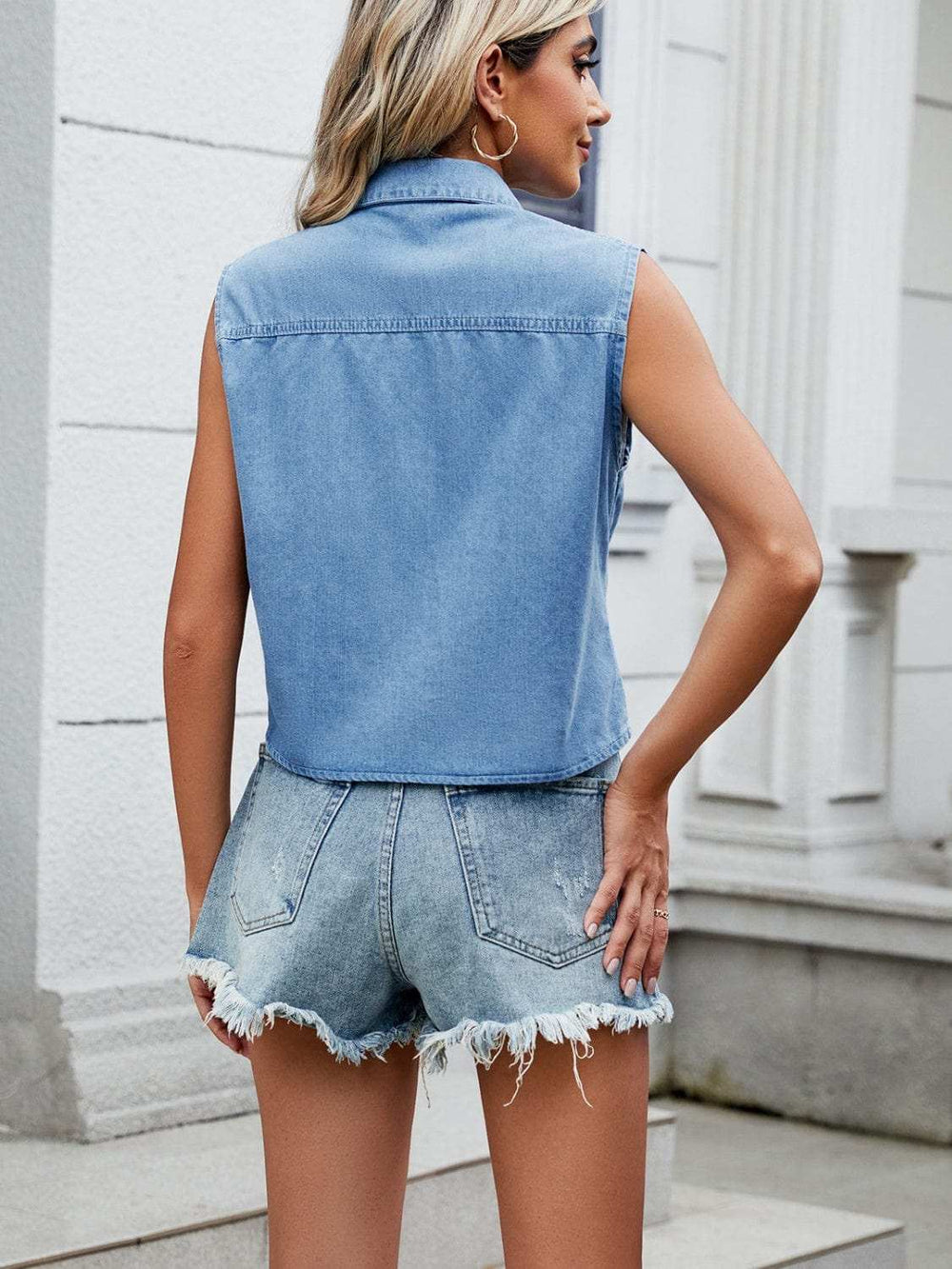 Collared Neck Sleeveless Denim Top - Trendsi - Flyclothing LLC