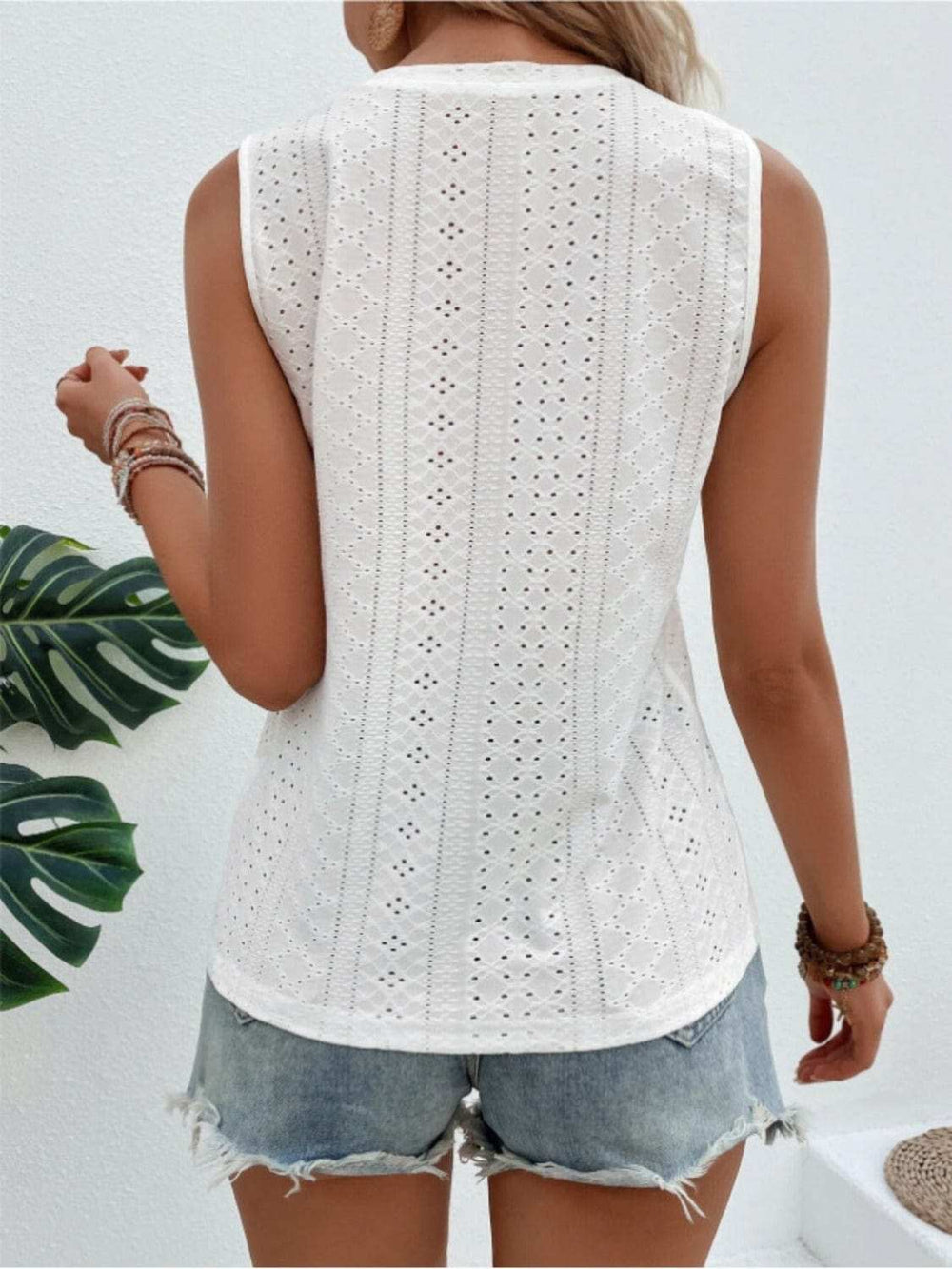 Eyelet Round Neck Tank - Trendsi - Flyclothing LLC
