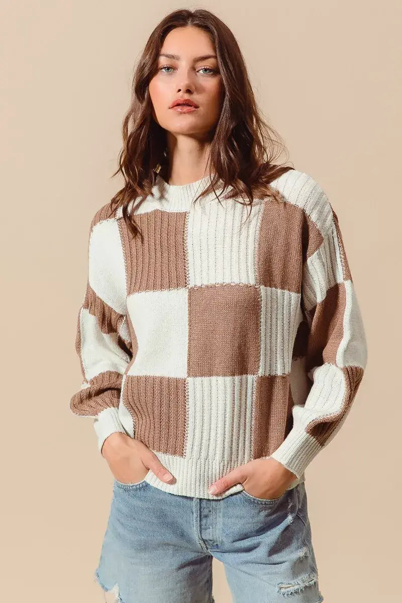 SO ME Ribbed Color Block Checkered Plaid Sweater - Trendsi - Flyclothing LLC