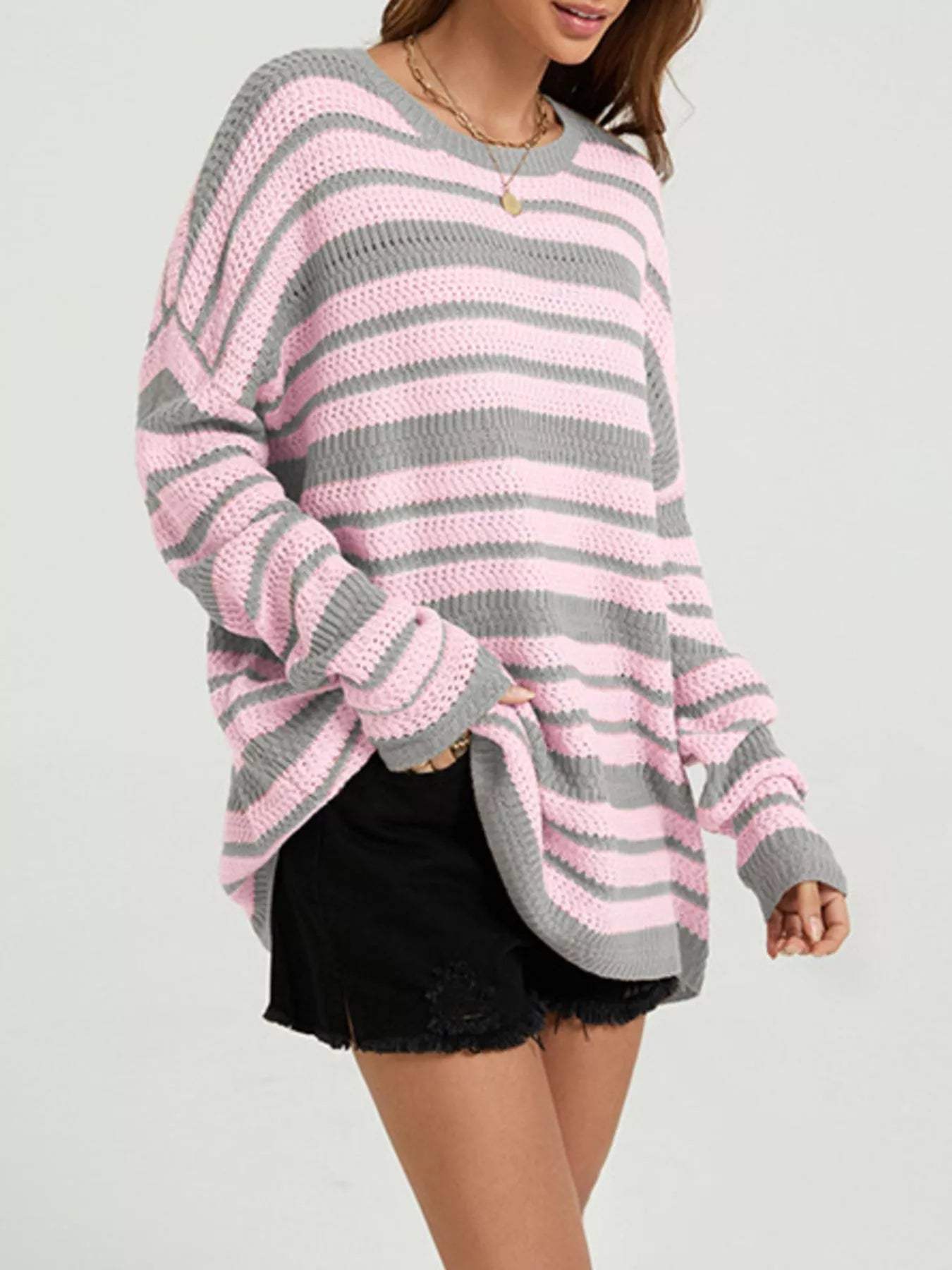 Striped Drop Shoulder Sweater - Trendsi - Flyclothing LLC
