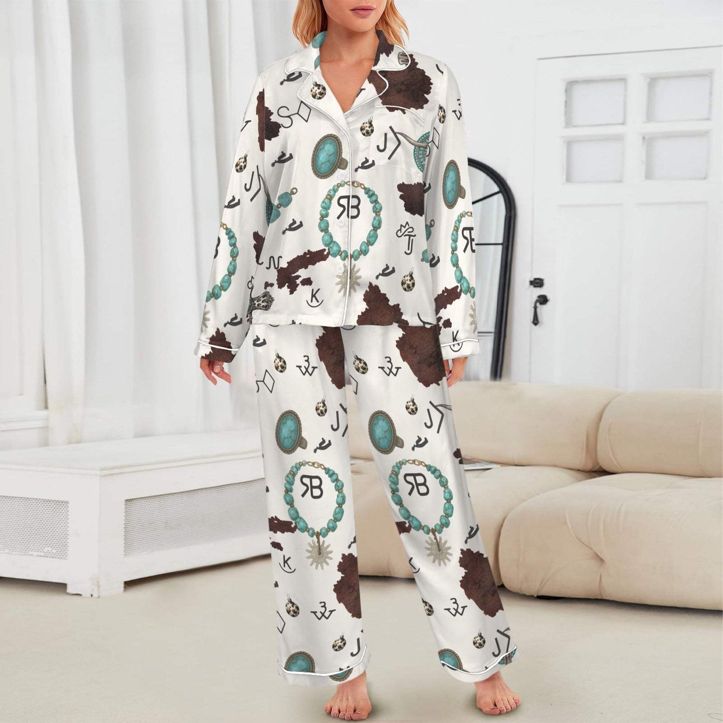 Baha Ranch Brands & Turquoise Cowgirl Christmas Western Cowprint Satin Pajamas