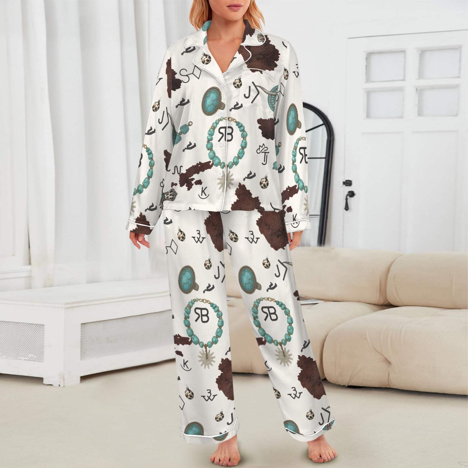 Baha Ranch Brands & Turquoise Cowgirl Christmas Western Cowprint Satin Pajamas
