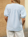 Striped Notched Puff Sleeve Blouse - Trendsi
