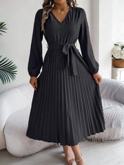 Pleated Tied V-Neck Long Sleeve Dress - Trendsi