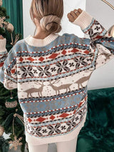 Geometric Round Neck Dropped Shoulder Sweater - Trendsi - Flyclothing LLC