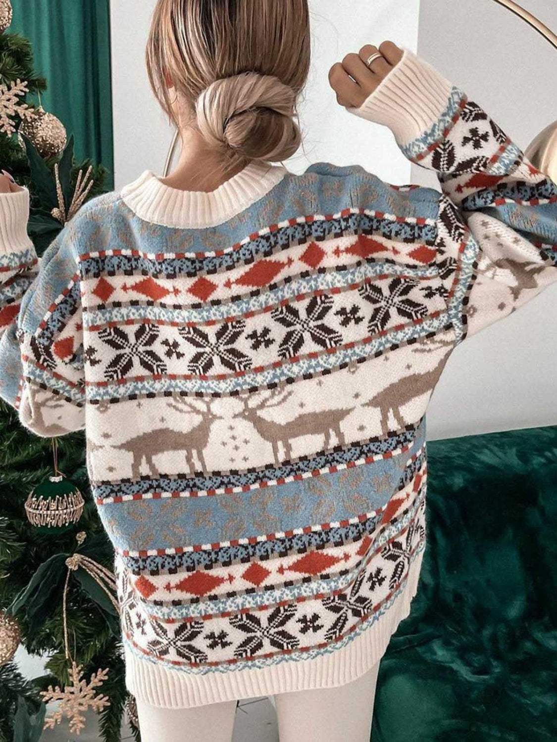 Geometric Round Neck Dropped Shoulder Sweater - Trendsi - Flyclothing LLC