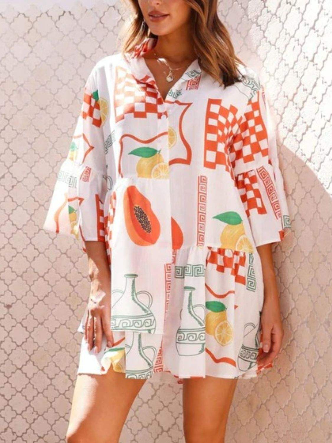Printed Three-Quarter Sleeve Mini Dress - Trendsi - Flyclothing LLC