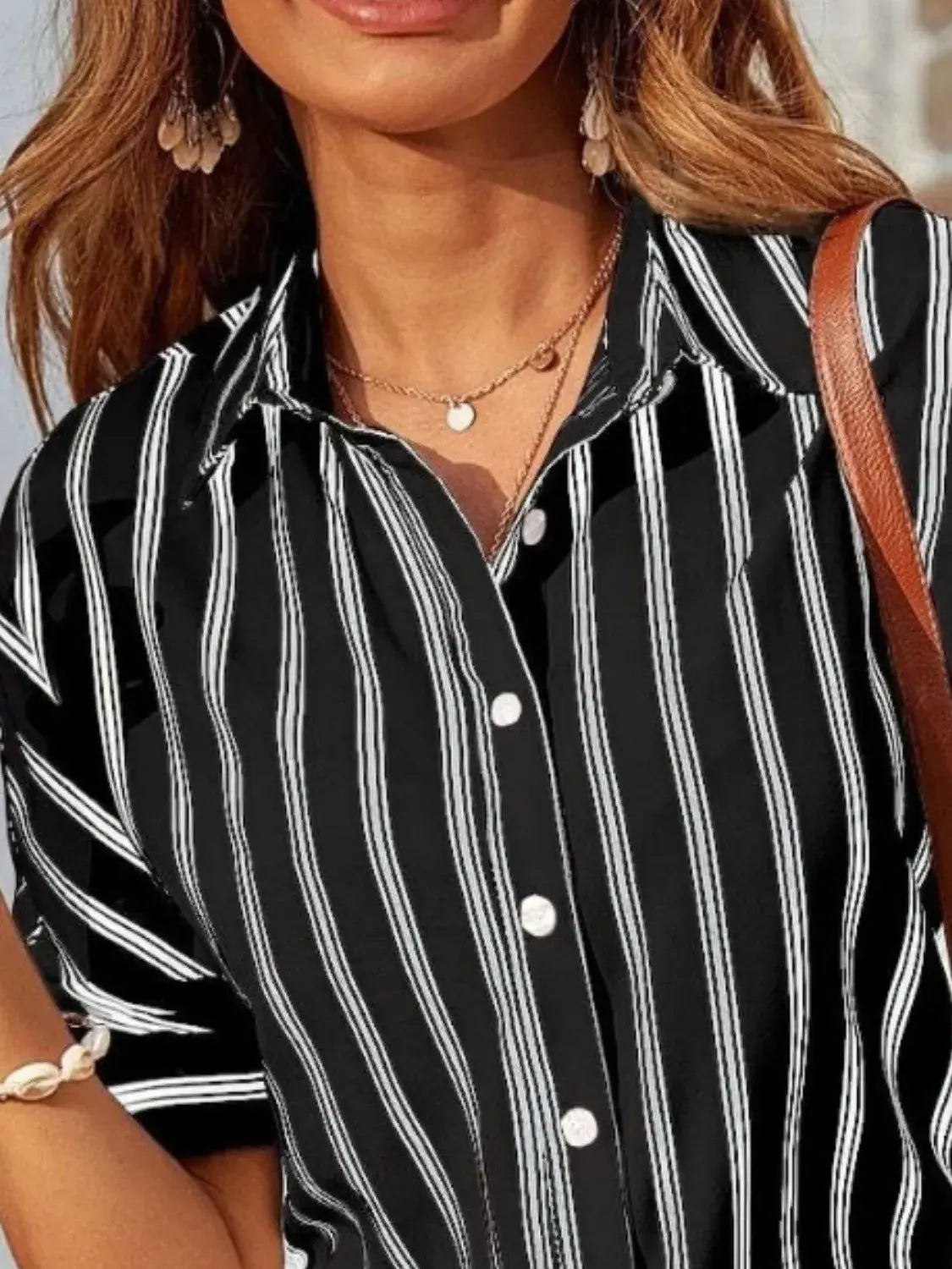 Striped Collared Neck Half Sleeve Shirt - Trendsi - Flyclothing LLC