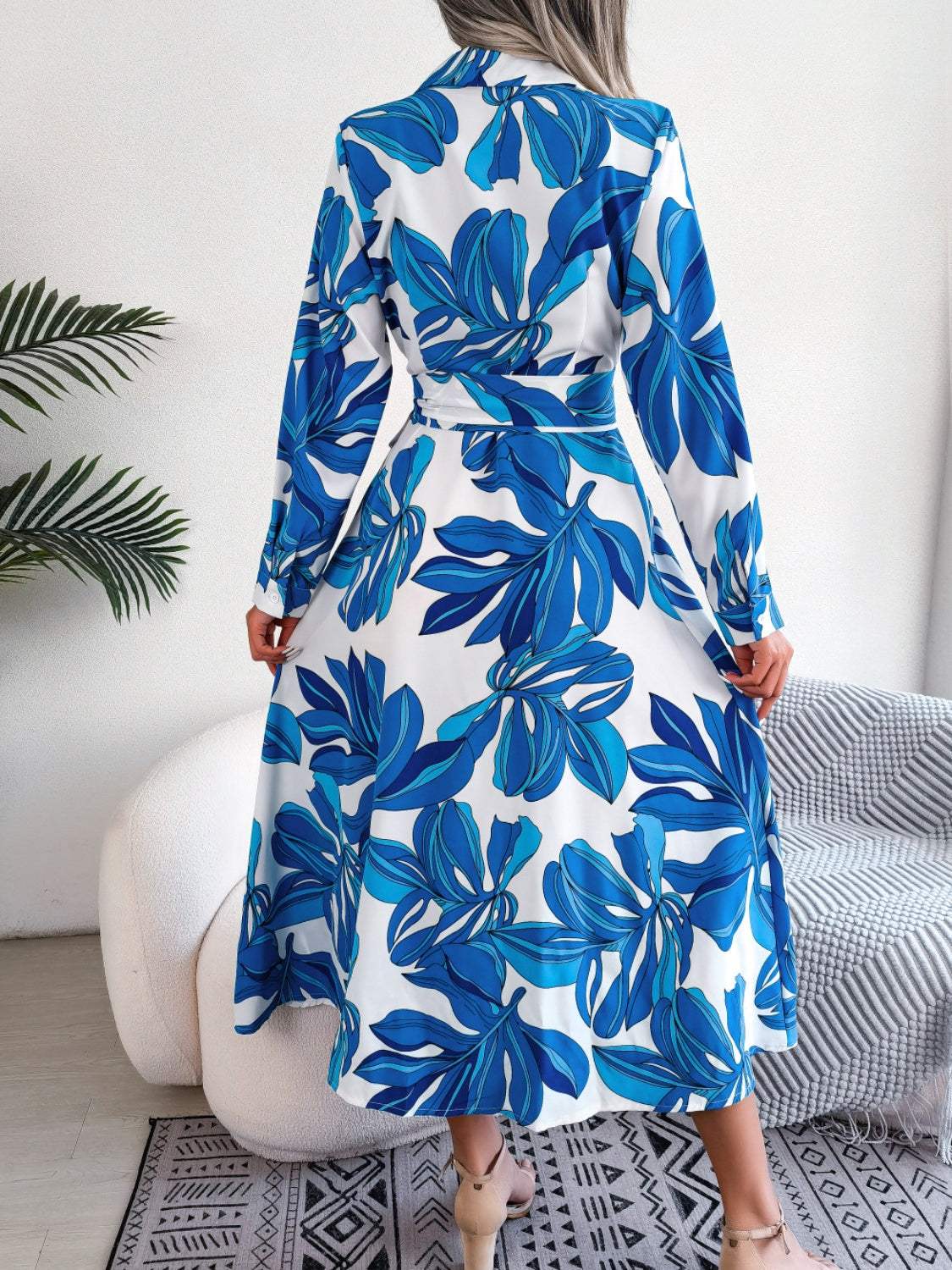 Tied Button Up Long Sleeve Dress - Trendsi - Flyclothing LLC