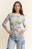 Davi & Dani Multi Printed Mesh Round Neck Long Sleeve Top - Trendsi