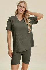 Basic Bae Full Size Ribbed V-Neck Short Sleeve Top and Shorts Set - ShopBasicbae - Flyclothing LLC