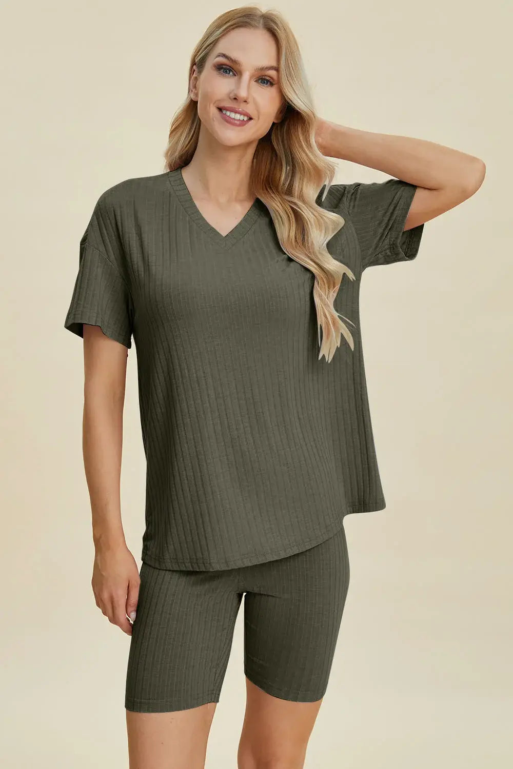 Basic Bae Full Size Ribbed V-Neck Short Sleeve Top and Shorts Set - ShopBasicbae - Flyclothing LLC