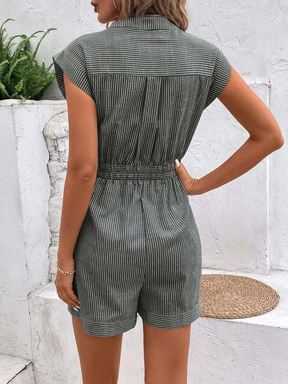 Striped Notched Tie Waist Romper - Trendsi - Flyclothing LLC