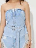 Buttoned Raw Hem Tube Denim Top - Trendsi - Flyclothing LLC