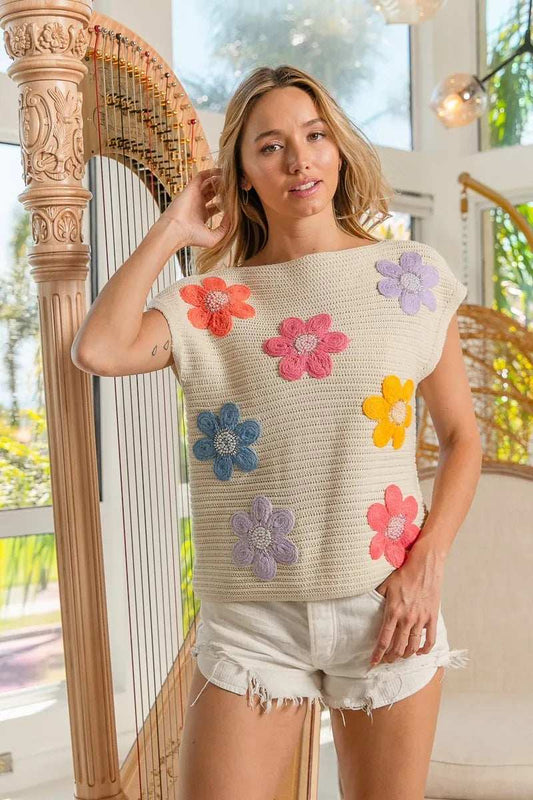 BiBi Multi Jeweled Crochet Flower Patch Sweater Vest - Trendsi - Flyclothing LLC