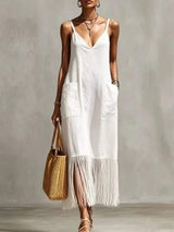 Full Size Fringe V-Neck Spaghetti Strap Dress Plus Size - Trendsi - Flyclothing LLC
