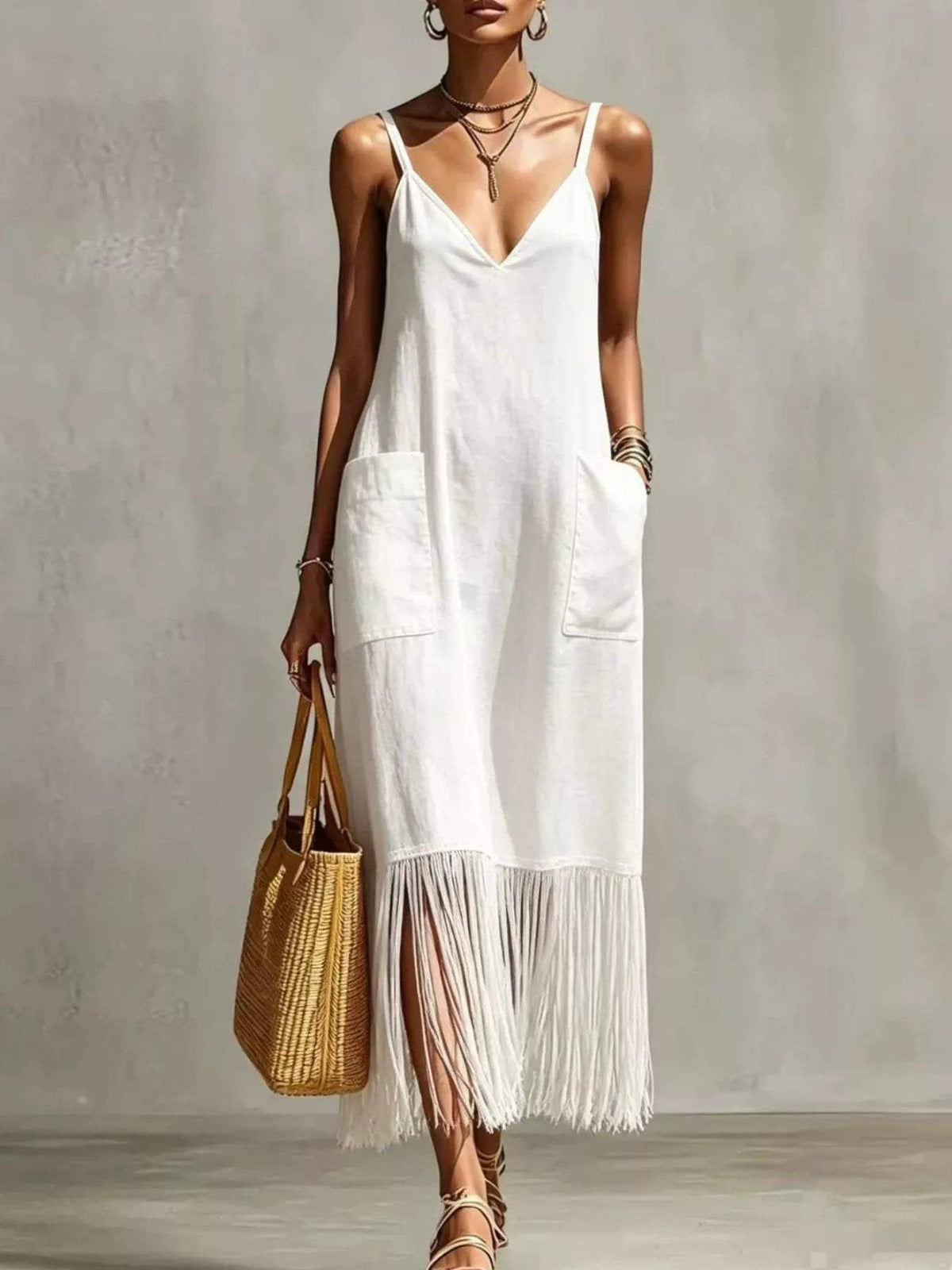 Full Size Fringe V-Neck Spaghetti Strap Dress Plus Size - Trendsi - Flyclothing LLC