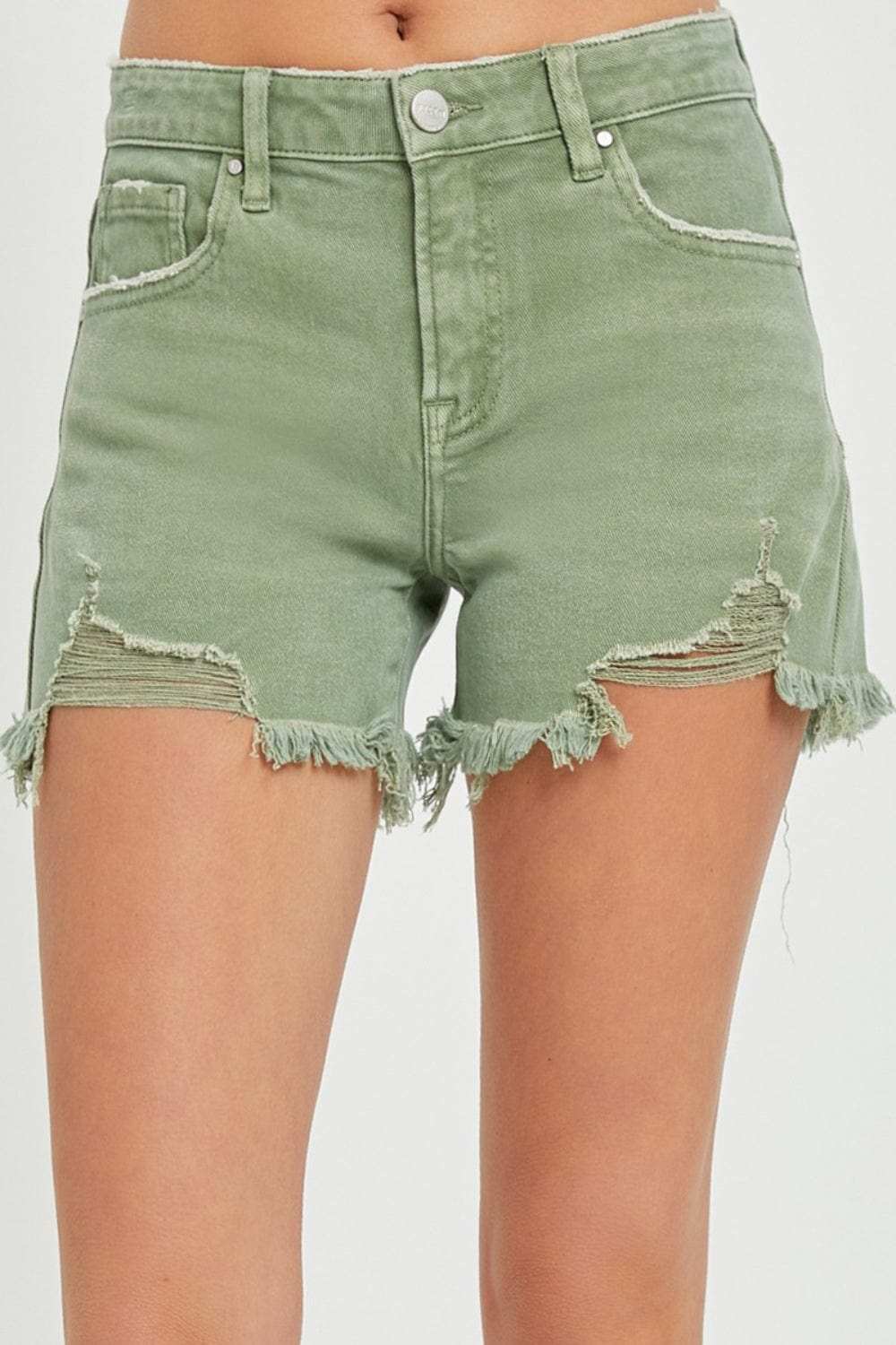 RISEN Mid Waist Frayed Hem Denim Shorts - Trendsi - Flyclothing LLC