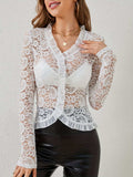 Ruffled V-Neck Long Sleeve Lace Top - Trendsi - Flyclothing LLC