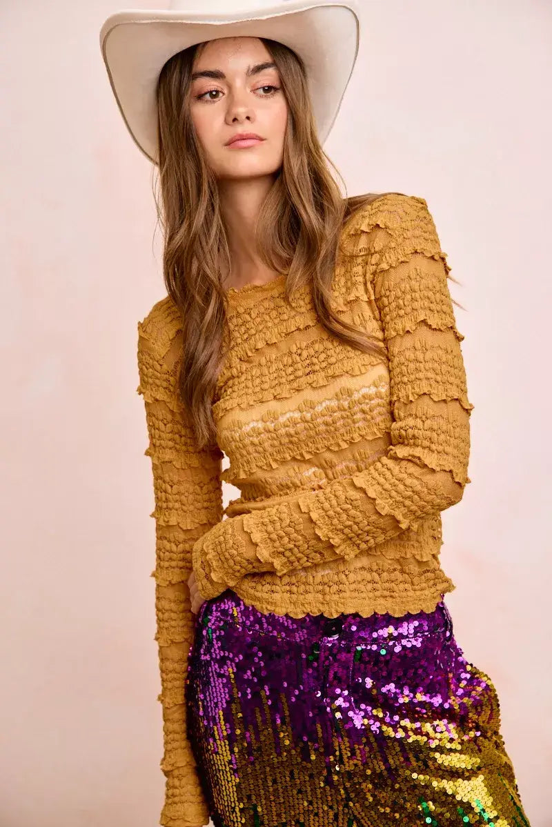 BiBi Ruffles Detail Mardi Gras Color Flower Lace Top - Trendsi - Flyclothing LLC