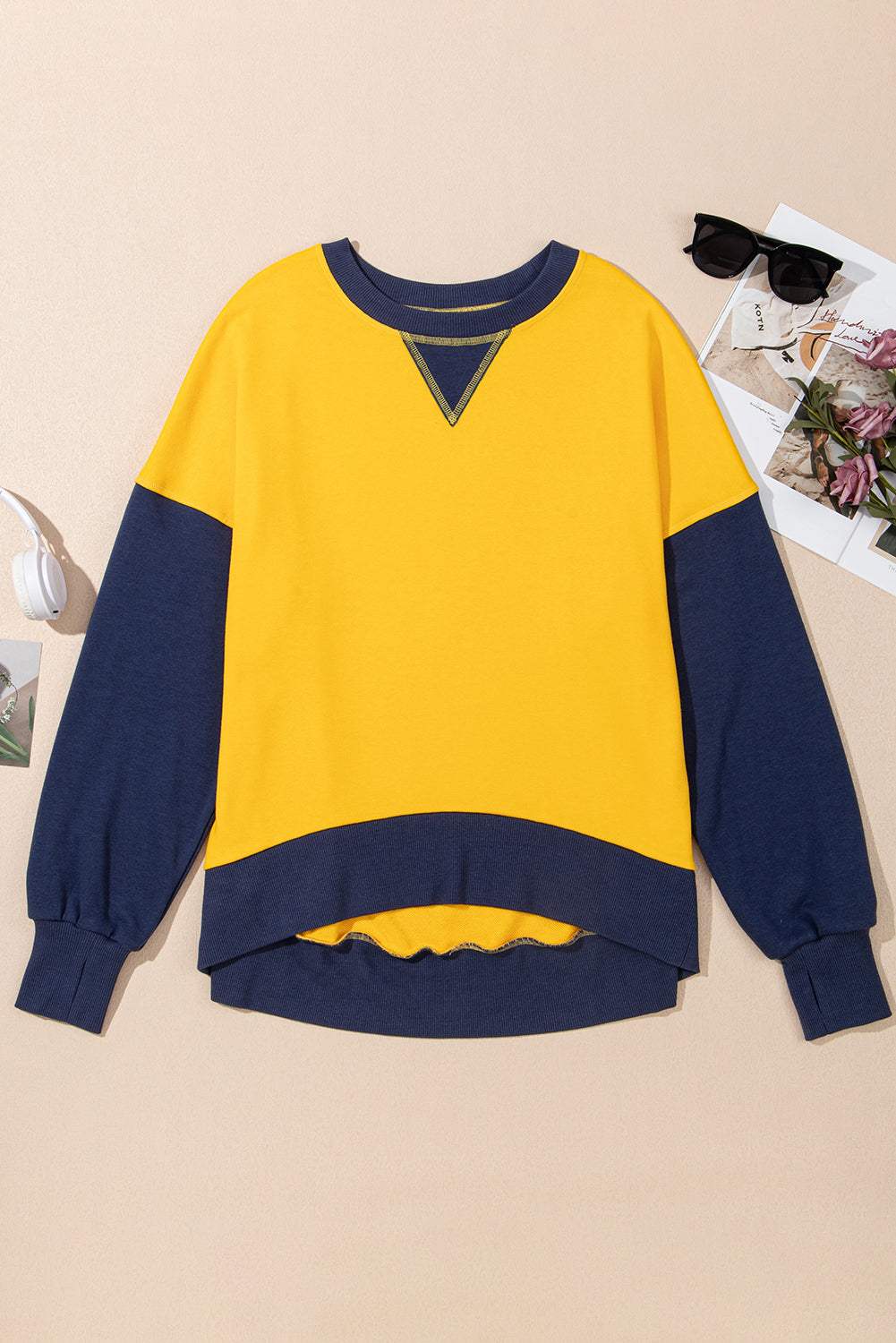 Contrast Round Neck Long Sleeve Sweatshirt - Trendsi - Flyclothing LLC