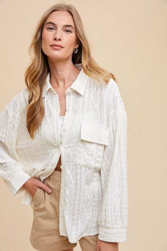 Annie Wear Openwork Button Down Drop Shoulder Shirt - Trendsi - Flyclothing LLC