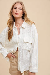 Annie Wear Openwork Button Down Drop Shoulder Shirt - Trendsi