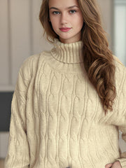 Cable-Knit Turtleneck Long Sleeve Sweater - Trendsi