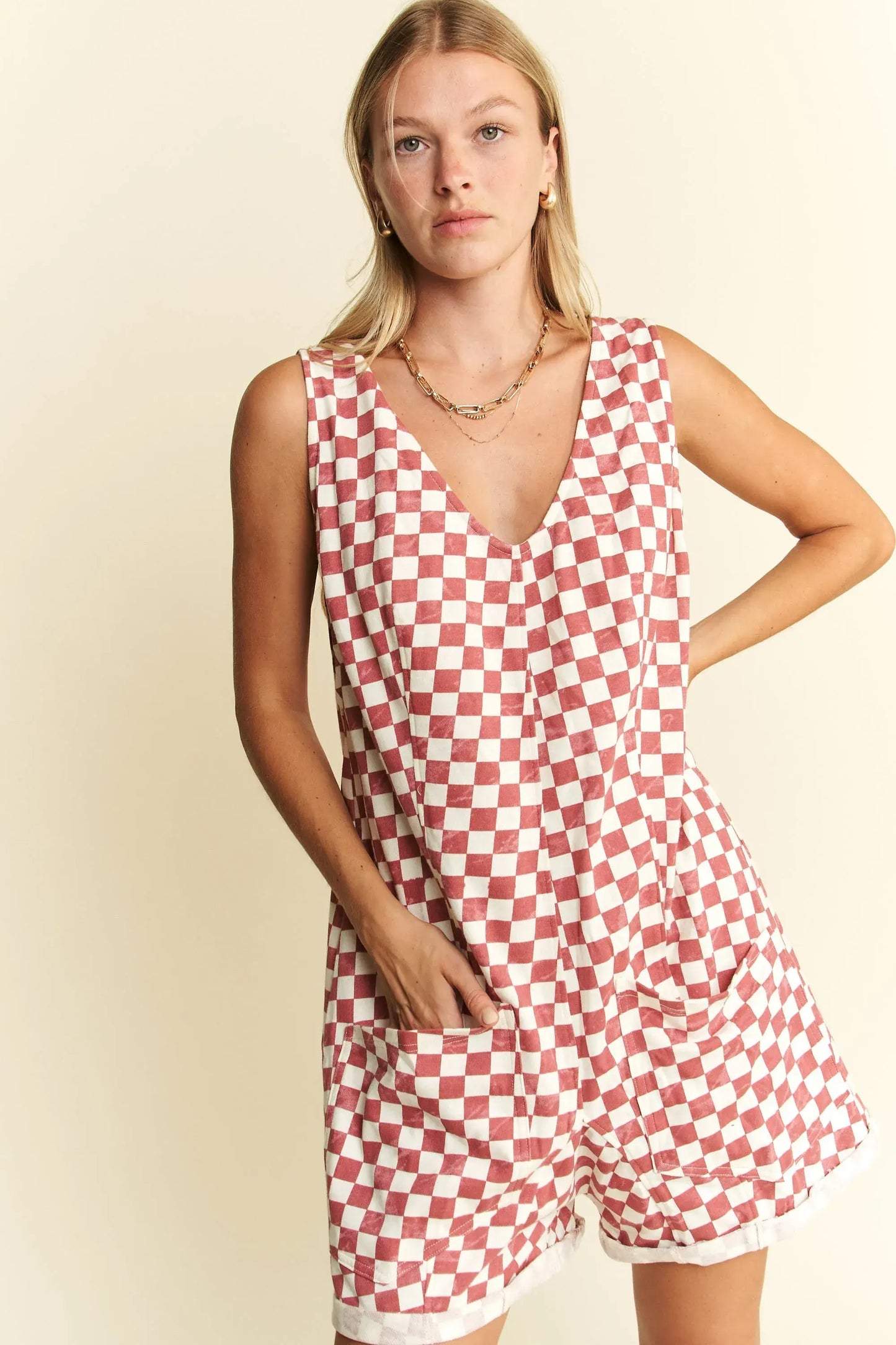 Jade By Jane Plus Size Back Tie Sleeveless Plaid Romper with Pockets - Trendsi - Flyclothing LLC