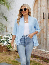 Eyelet Open Front Three-Quarter Sleeve Top - Trendsi - Flyclothing LLC