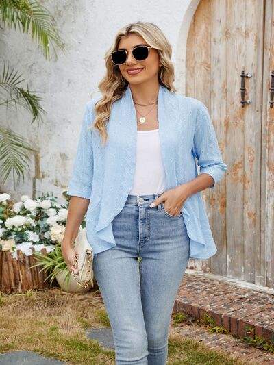 Eyelet Open Front Three-Quarter Sleeve Top - Trendsi - Flyclothing LLC