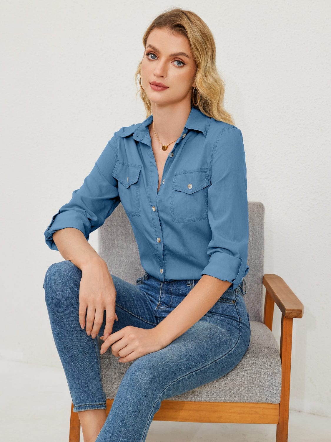 Pocketed Button Up Long Sleeve Denim Shirt - Trendsi