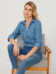 Pocketed Button Up Long Sleeve Denim Shirt - Trendsi