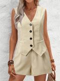 V-Neck Button Down Vest and Shorts Set - Trendsi