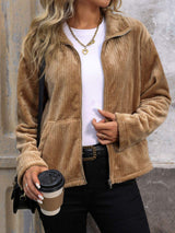 Perfee Pocketed Zip Up Collared Neck Long Sleeve Jacket - Trendsi - Flyclothing LLC