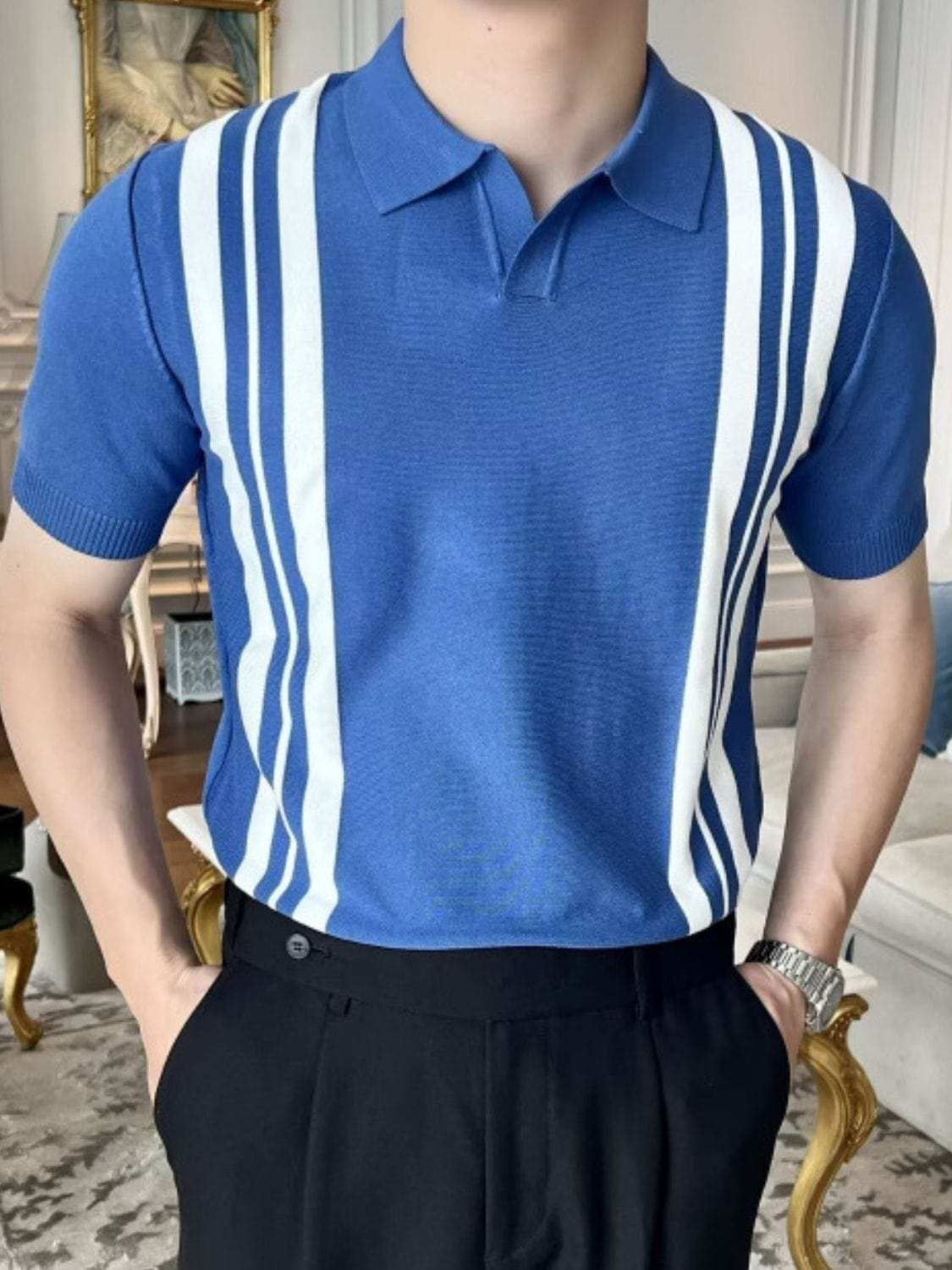 Men's Plus Size Contrast Collared Neck Short Sleeve Polo - Trendsi - Flyclothing LLC