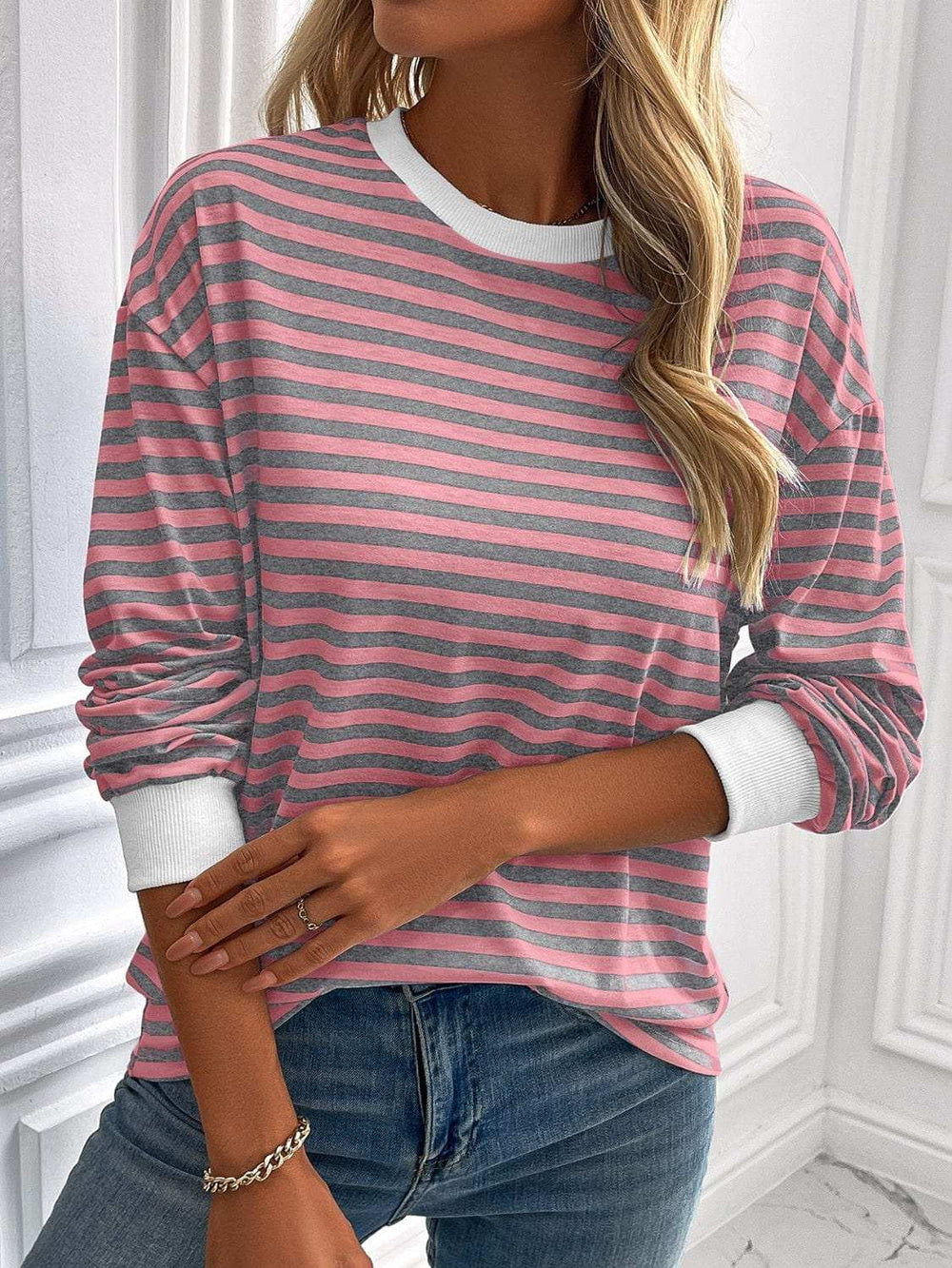 Ivy Lane Striped Round Neck Long Sleeve Sweatshirt - Trendsi - Flyclothing LLC