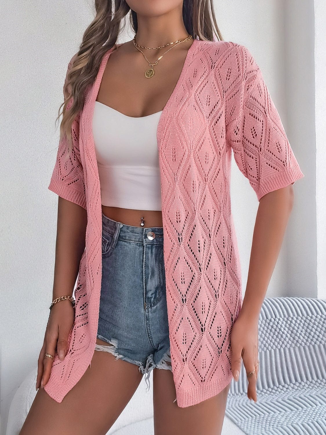 Openwork Open Front Half Sleeve Cardigan - Trendsi