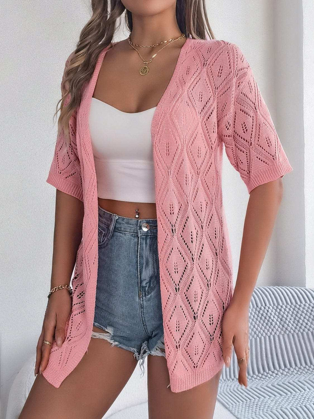 Openwork Open Front Half Sleeve Cardigan - Trendsi - Flyclothing LLC