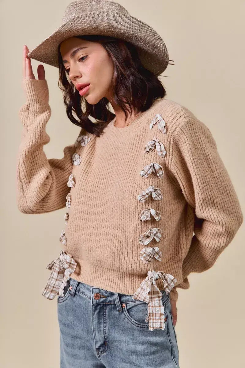 SO ME Checkered Plaid Tape Lace Up Ribbed Sweater - Trendsi - Flyclothing LLC